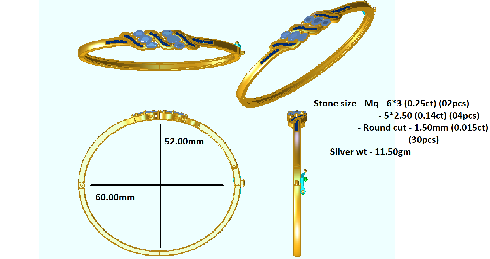 RKC Damen-Armreif aus 925er-Sterlingsilber mit 1,51 Karat Moissanit, 14 Karat Gelbgold vergoldet, Gewicht 11,50 g, Höhe 52,00 mm