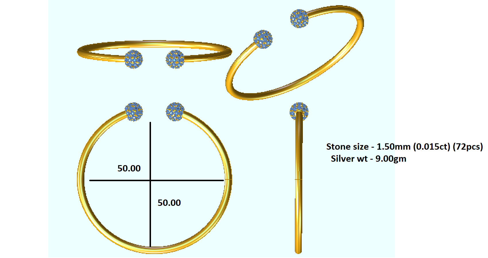 RKC Damen-Armreif aus 925er-Sterlingsilber, 1,08 Karat Moissanit, 14 Karat Roségold vergoldet, Gewicht 9,00 g, Höhe 50,00 mm