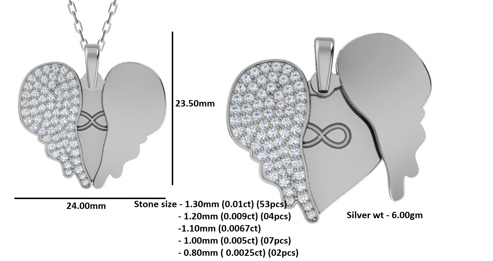 RKC Ciondolo a forma di cuore con ala di moissanite da 0,61 ct, gioielli in argento 925 placcato in oro rosa 14 carati, peso 6 g, altezza 23,50 mm