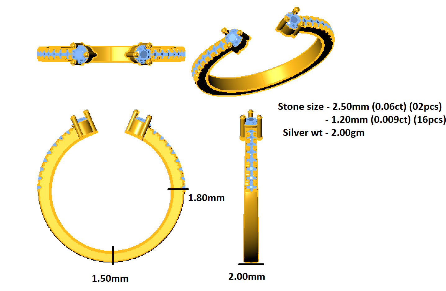 RKC Moissanit verstellbares offenes Band für Geburtstagsgeschenk, 925er Sterlingsilber, 14 Karat Gelbgold vergoldet, Gewicht 2 g, Breite 2 mm
