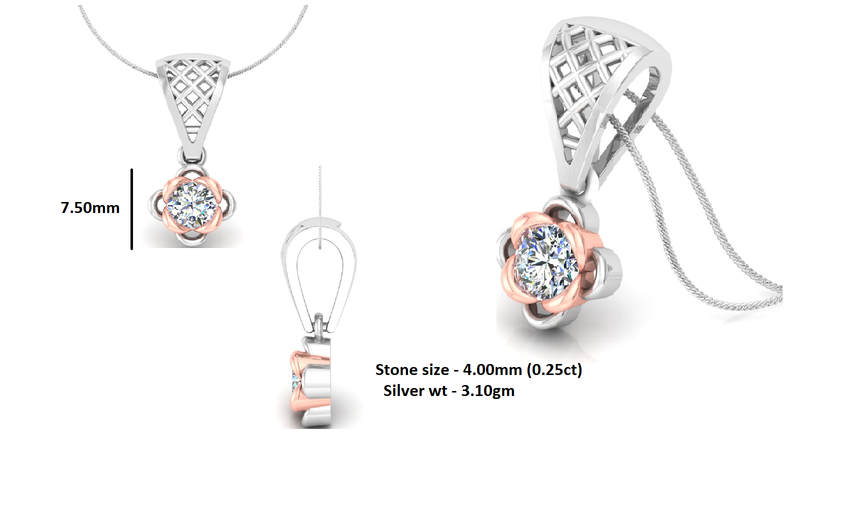 RKC handgefertigter Tropfen-Anhänger mit Blumen-Moissanit-Motiv aus Sterlingsilber, 14 Karat Weißgold vergoldet