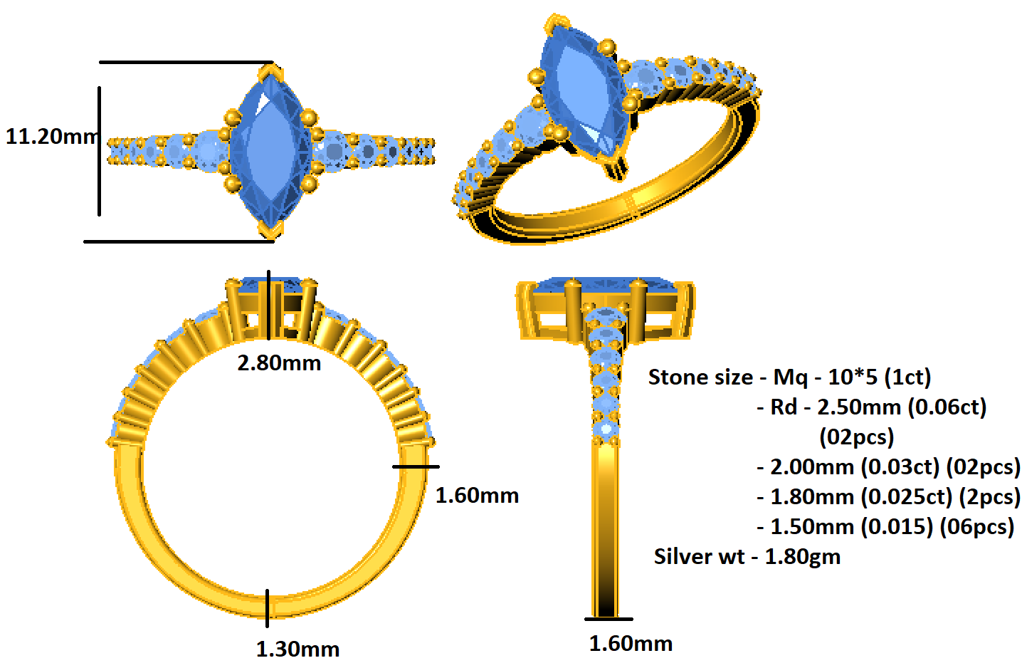 RKC Moissanit-Verlobungsring im Marquise-Schliff, 925er Silber, 14 Karat Weißgold plattiert, für Damen, Gewicht 1,80 g, Breite 1,60 mm