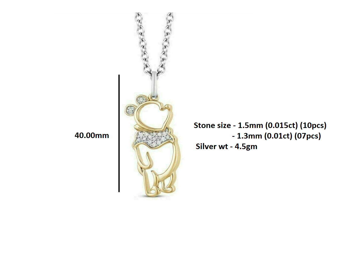 RKC Classic Pooh Bear's Charm 0,85 Karat Moissanit-Anhänger, 925er Silber, 14 Karat Gelbgold-Finish, Gewicht 4,5 g, Höhe 40 mm