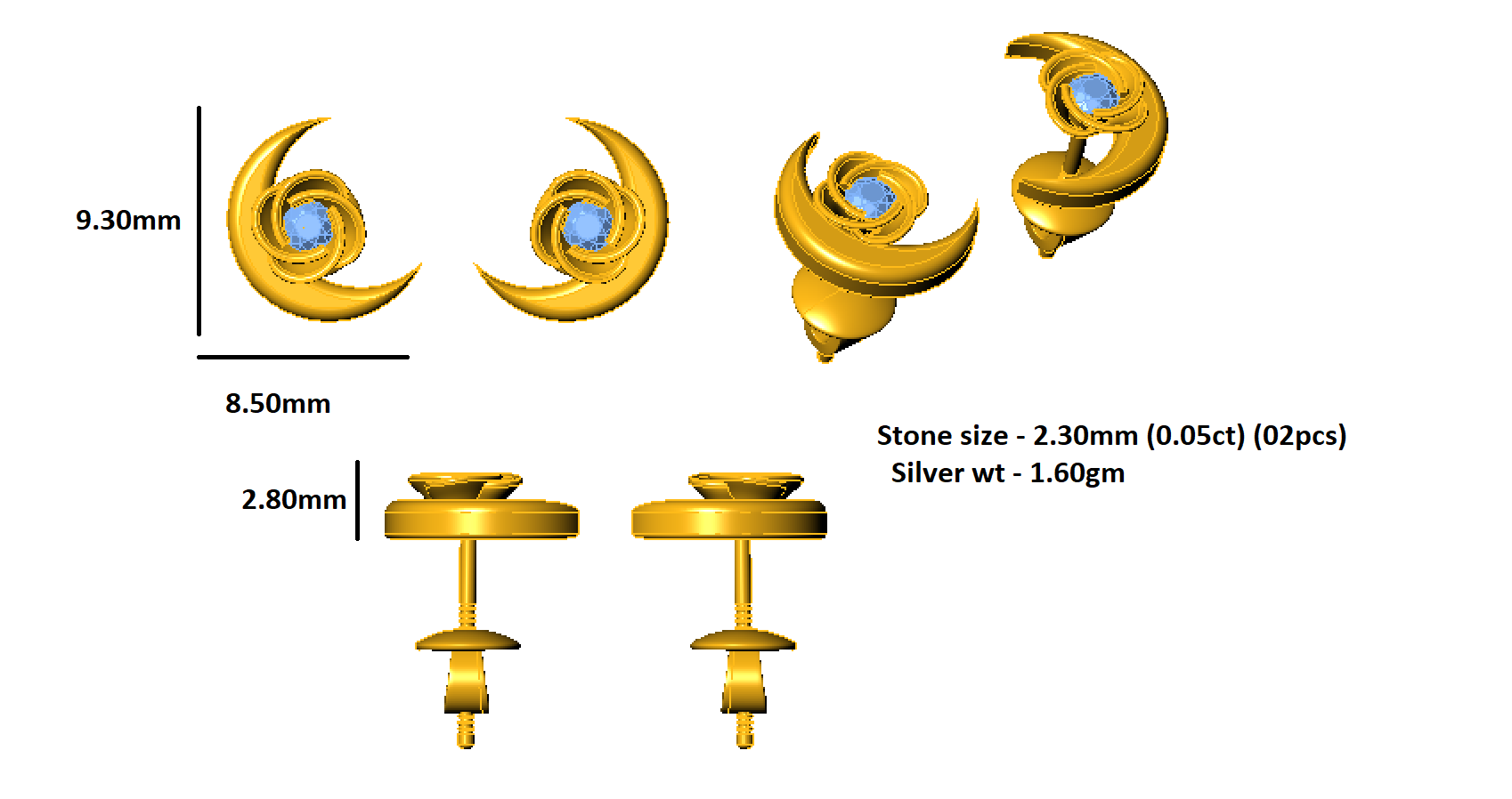 Orecchino da donna RKC in argento sterling 925 con mezza luna respinta in oro bianco 14k oltre 1,60 peso, altezza 9,30 mm