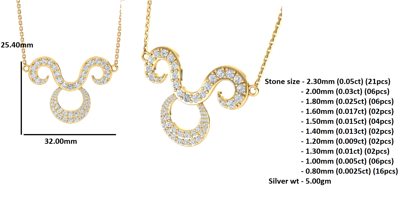 RKC 1,60 ct Moissanit Charming Aries Halskette Set 925 Silber 14 Karat Gelbgold plattiert Gewicht 5,00 g Höhe 25,40 mm