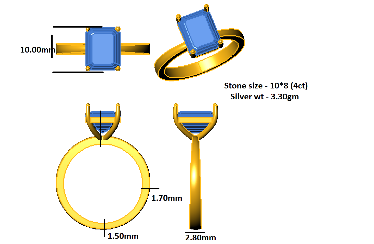 RKC Solitär-Verlobungsringe mit schwarzem Diamant im Smaragdschliff, 14 Karat Gelbgold plattiert, 925er Silber, Gewicht 3,30 g, Breite 2,80 mm