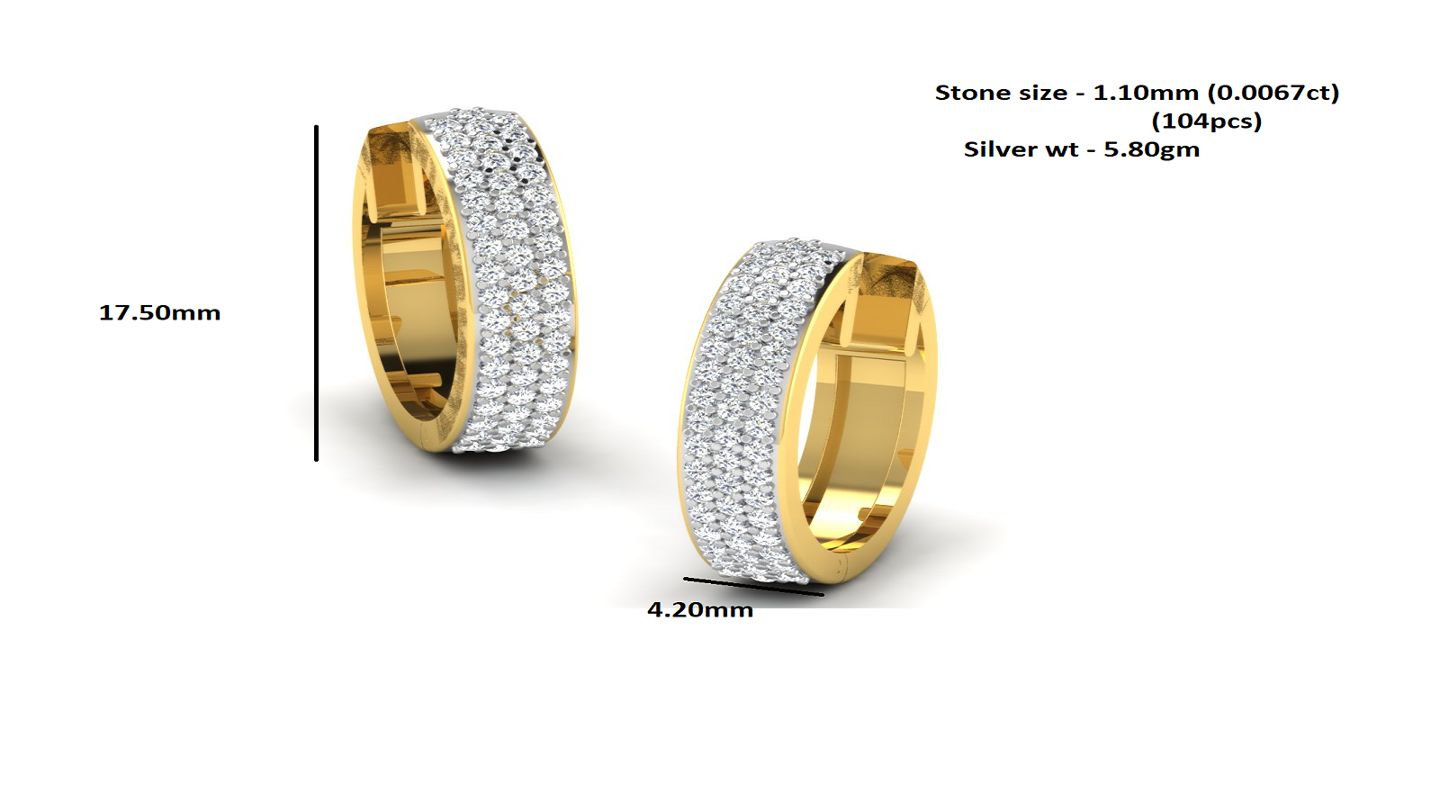 RKC 925 Sterling Silber Creolen-Ohrclip für Damen, 14 Karat Gelb, über 5,80 g, Höhe 17,50 mm