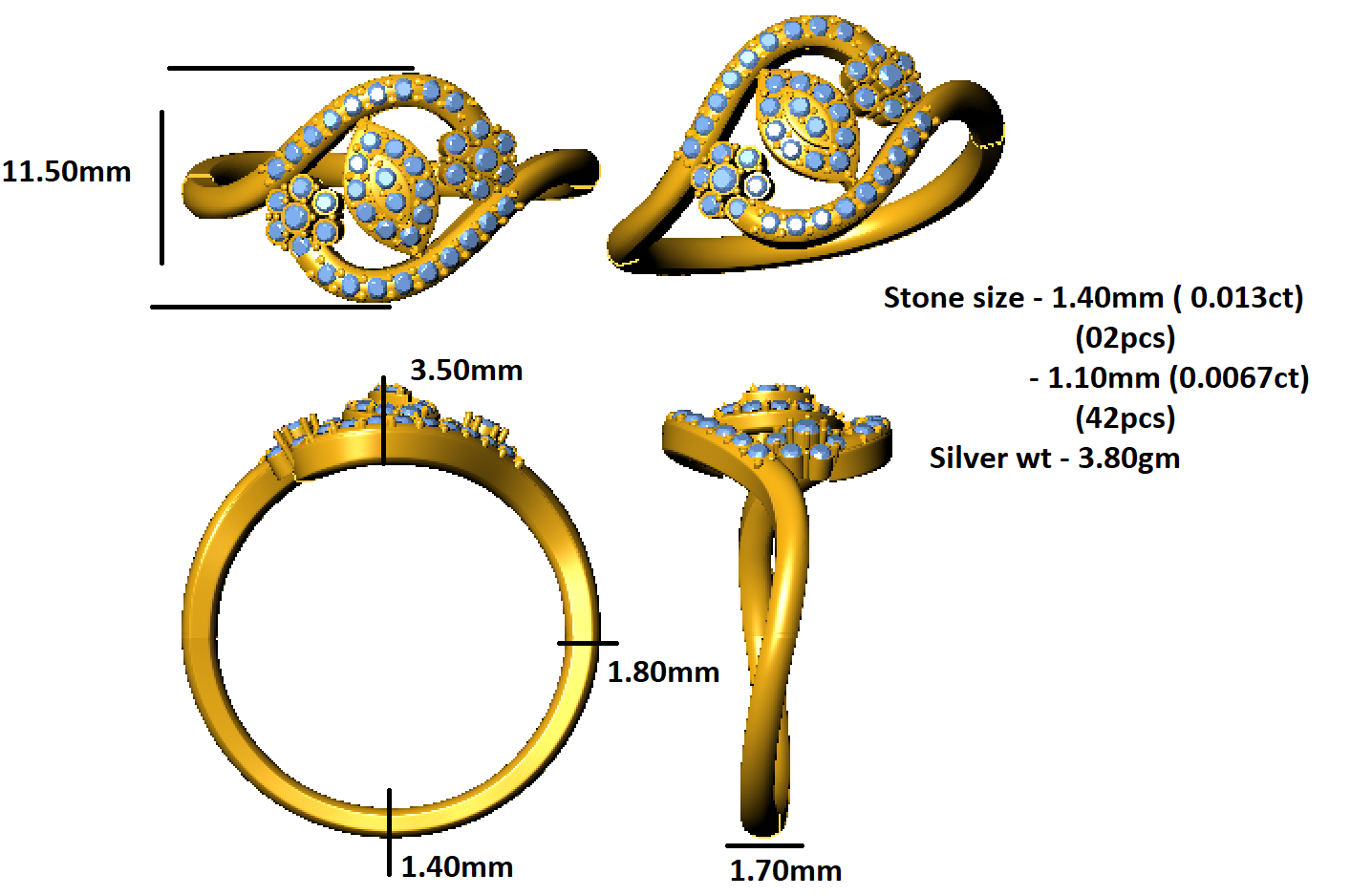 Anello da donna rotondo con fiore bypass in moissanite RKC, argento sterling 925 placcato in oro giallo 14 carati, peso 3,80 g, larghezza 1,70 mm