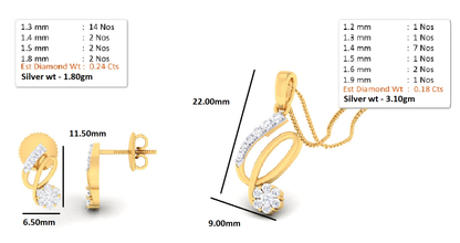 RKC 925 Silber Golden Gesamtgewicht 0,42 ct Moissanit Anhänger Gewicht 3,10 gm und Gewicht Ohrring 1,80 gm Set mit 14K Rosévergoldung
