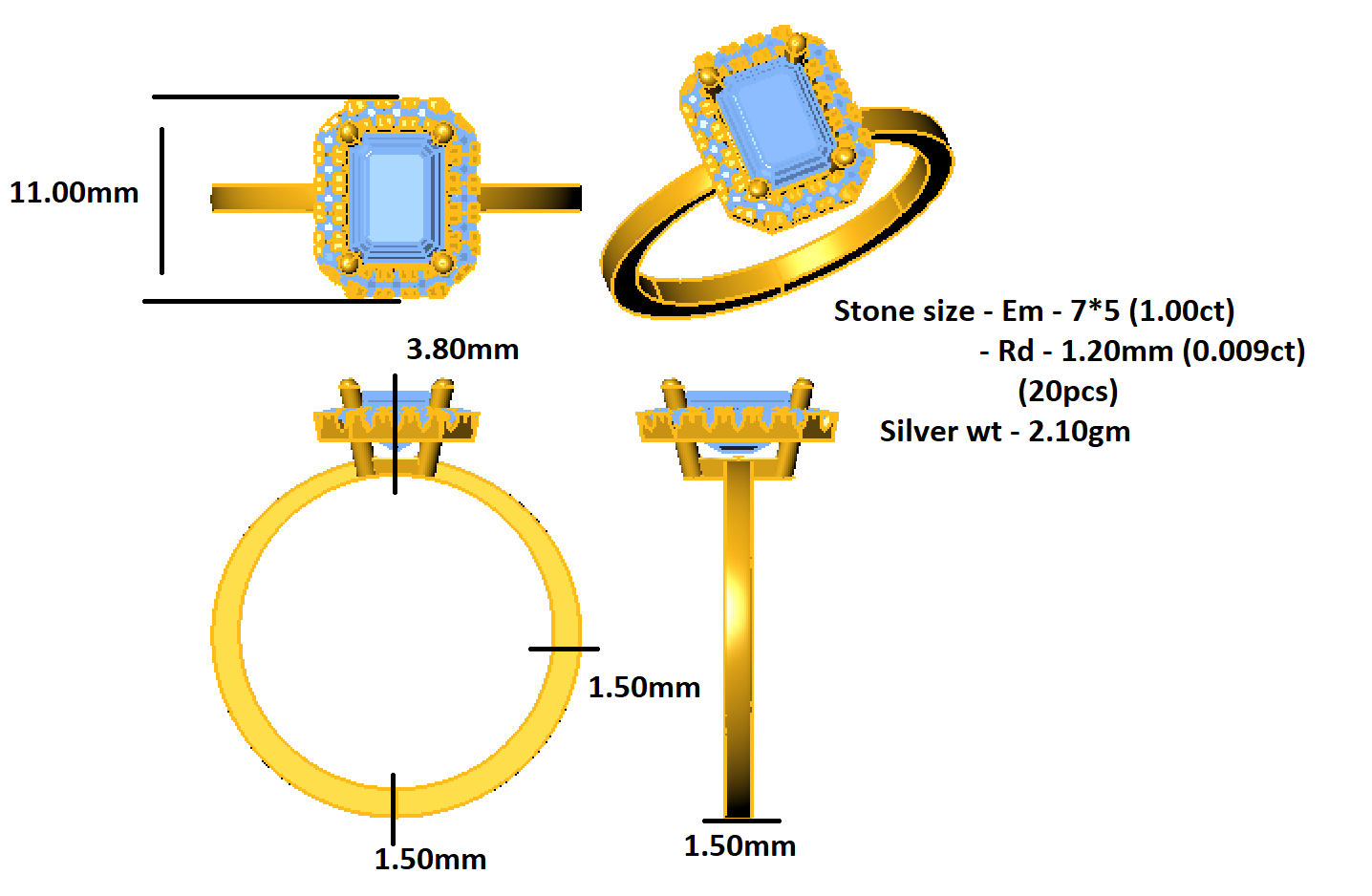 Anello di fidanzamento RKC con moissanite taglio smeraldo Halo, argento sterling 925 placcato oro giallo, peso 2,10 g, larghezza 1,50 mm
