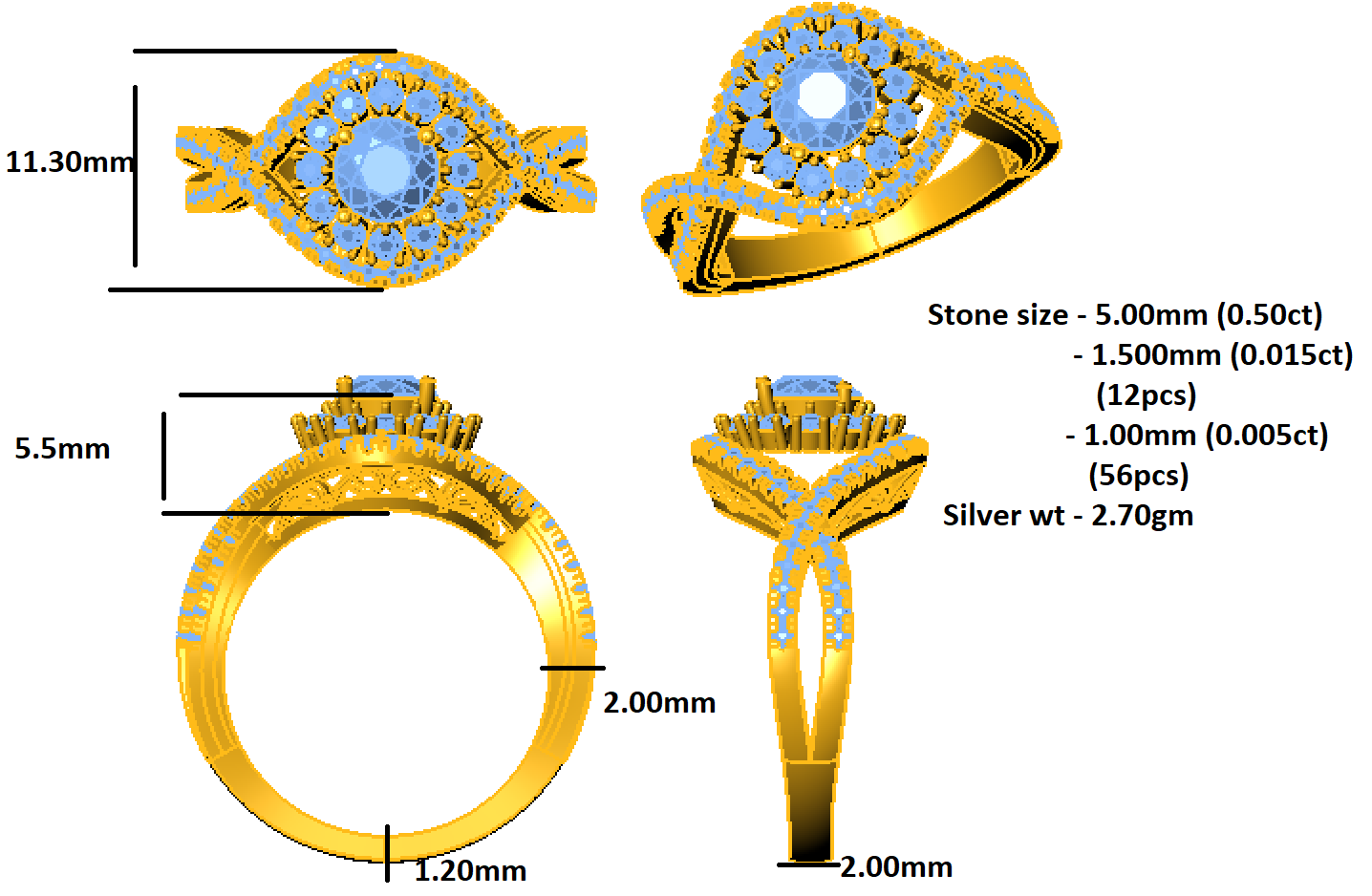 RKC Moissanit-Halo-Kreuz-Ehering, 925er Silber, 14 Karat Roségold vergoldet, Gewicht 2,70 g, Breite 2 mm