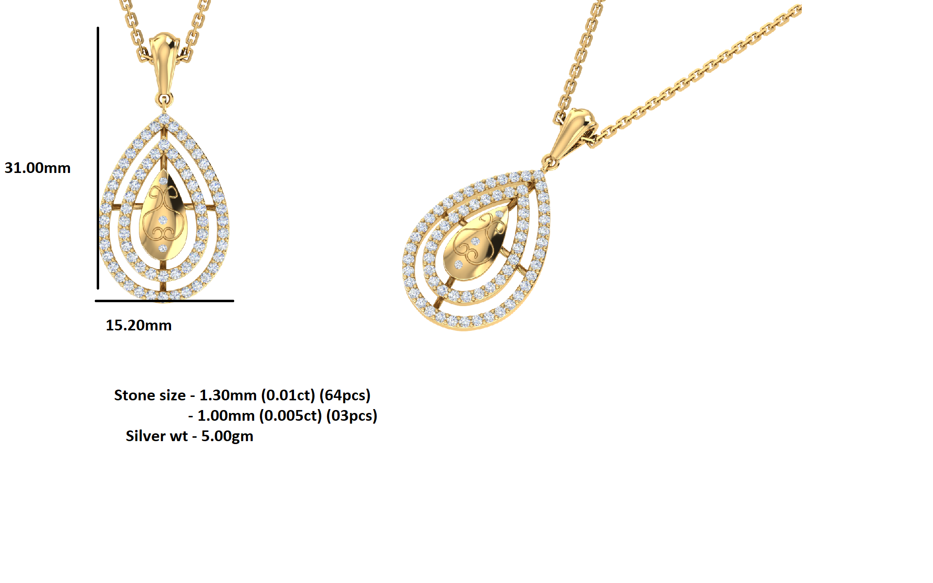 RKC Ciondolo a goccia in moissanite da 0,65 ct, gioielli in argento 925, placcato in oro giallo 14 carati, peso 5 g, altezza 31 mm