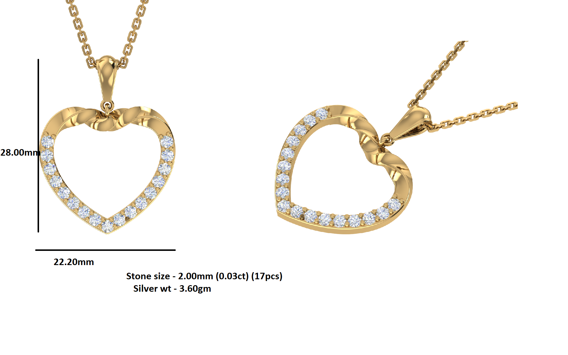 Ciondolo a forma di cuore in moissanite da 0,51 ct RKC, gioielli in argento 925 placcati in oro bianco 14 carati, peso 3,60 g, altezza 28 mm.