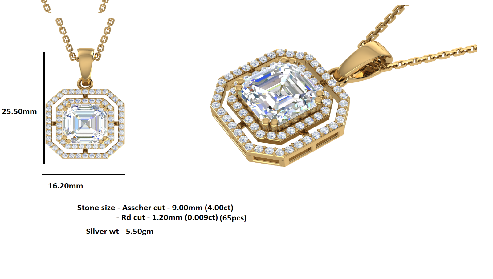RKC 4,58 Karat Halo-Moissanit-Anhänger mit Kette, 925er Silberschmuck, 14 Karat Gelbgold vergoldet, Gewicht 5,50 g, Höhe 25,50 mm