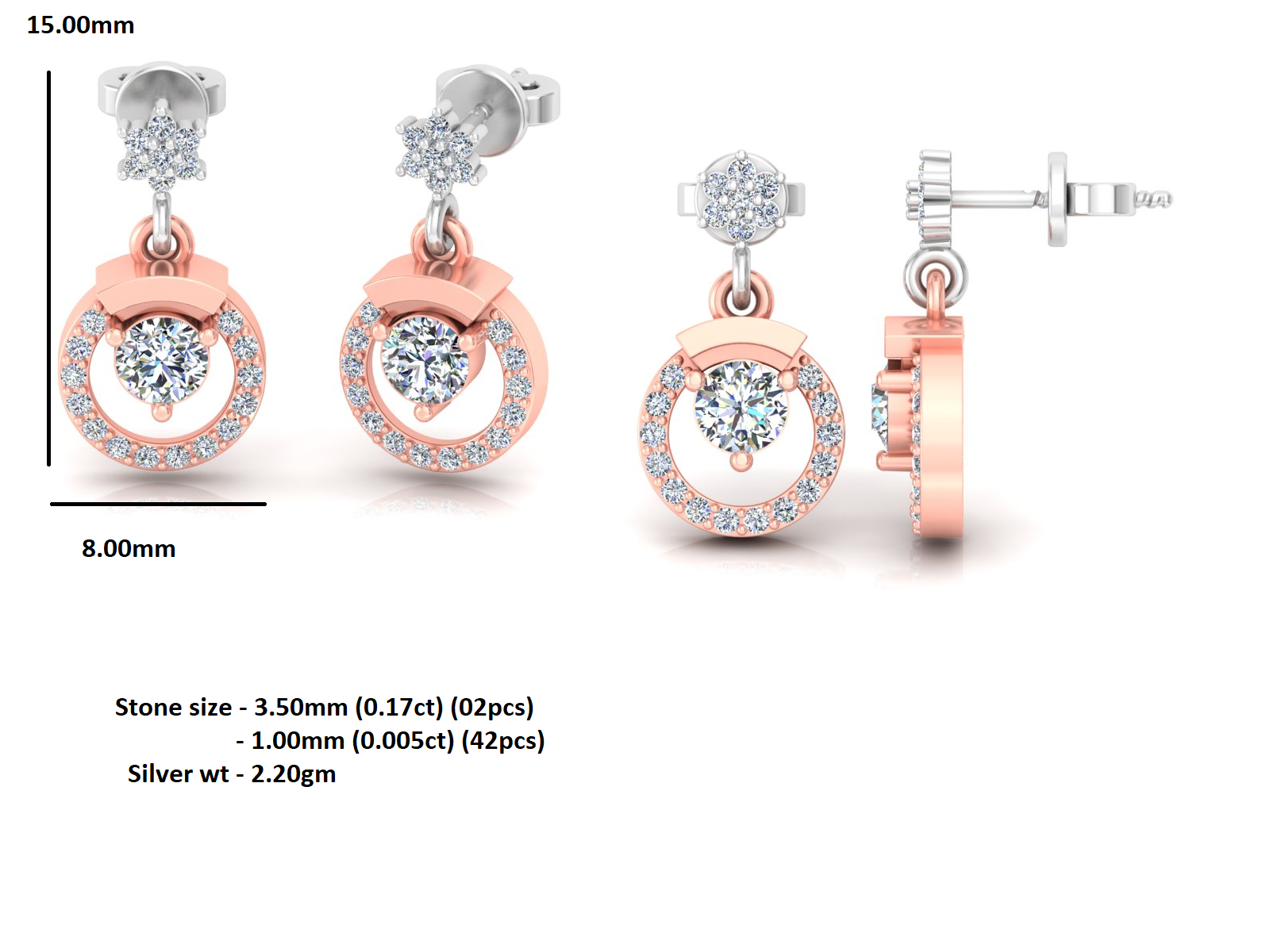 RKC Moissanit 925 Silber Wunderschöner baumelnder Ohrring mit zweifarbigem Goldfinish, 0,55 ct, Höhe 15 mm