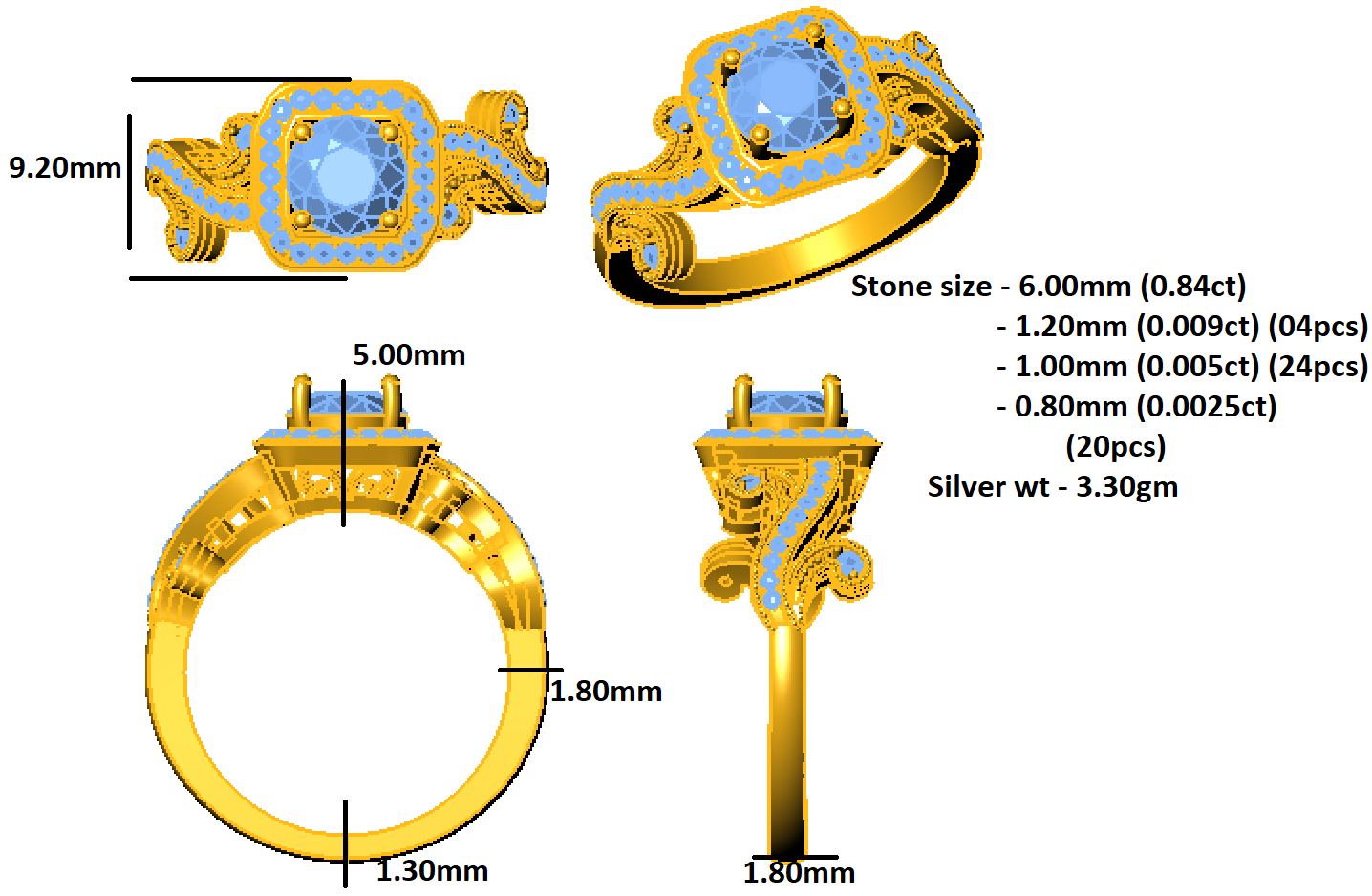 RKC Halo Taglio rotondo Moissanite Milgrain Fidanzamento, Fede nuziale Argento 925 Placcato oro giallo 14K Peso 3,30 g Larghezza 1,80 mm