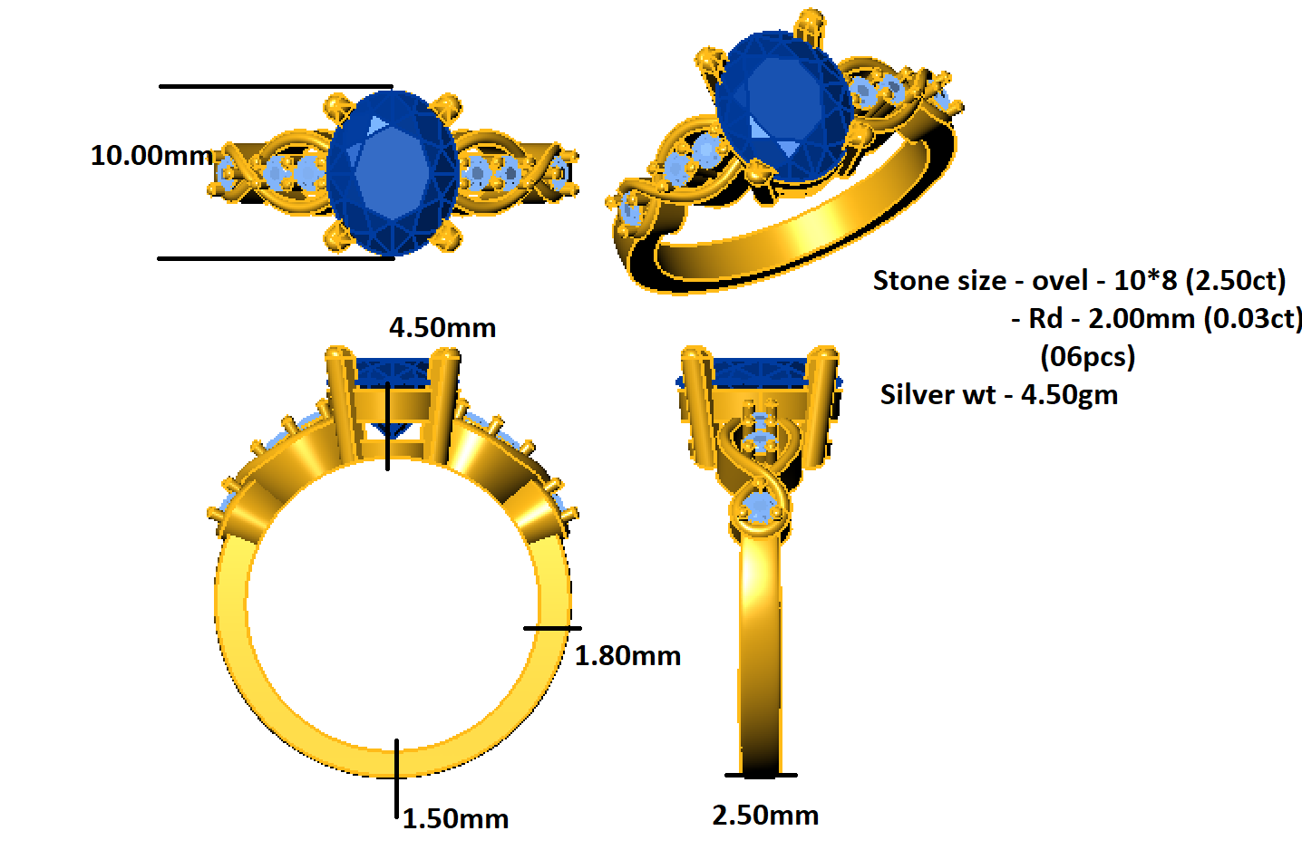 RKC Moissanit-Hochzeitstagsring im Ovalschliff, 925er Sterlingsilber, 14 Karat Gelbgold vergoldet, Gewicht 4,50 g, Breite 2,50 mm