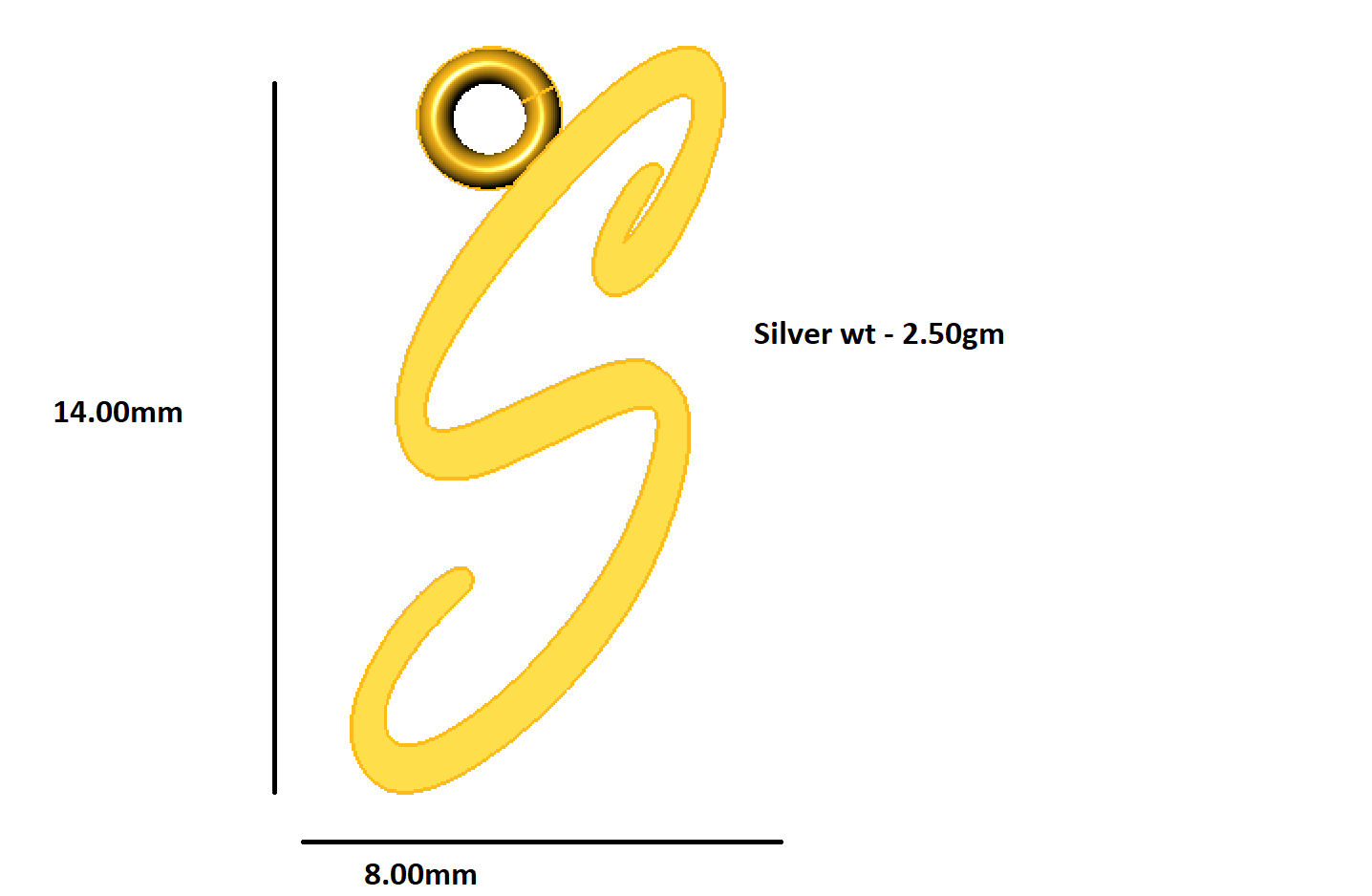 Ciondolo da donna con lettera "S" personalizzata in argento RKC, placcato in oro bianco 14 carati, peso 2,50 g, altezza 14,00 mm