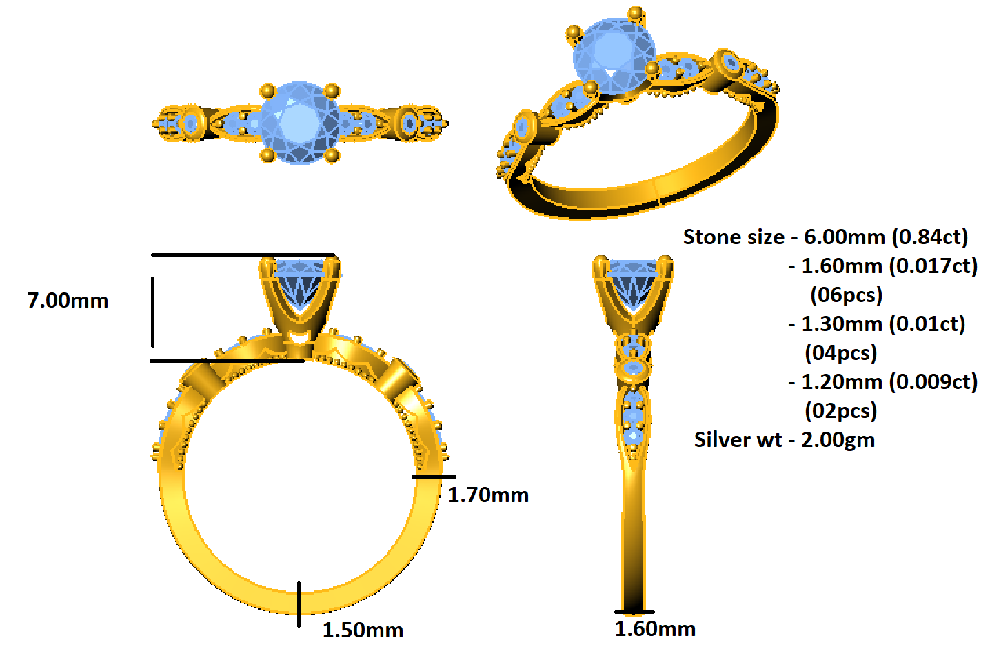 RKC Runder Moissanit-Solitärring mit Akzenten für Damen, Hochzeit, Verlobungsring, 14 Karat Gelbgold mit einem Gewicht von über 2 g, Breite 1,60 mm