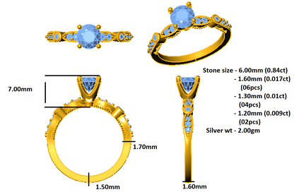 RKC Runder Moissanit-Solitärring mit Akzenten für Damen, Hochzeit, Verlobungsring, 14 Karat Gelbgold mit einem Gewicht von über 2 g, Breite 1,60 mm