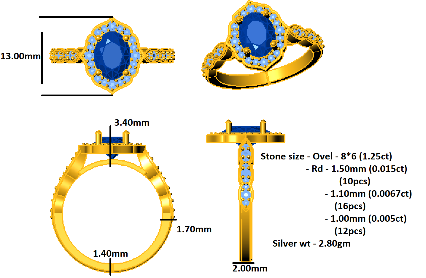 RKC 1,57 ct Saphir-Verlobungsring im Ovalschliff, 925er Silber, 14 Karat Weißgold plattiert, für Damen, Gewicht 2,80 g, Breite 2 mm
