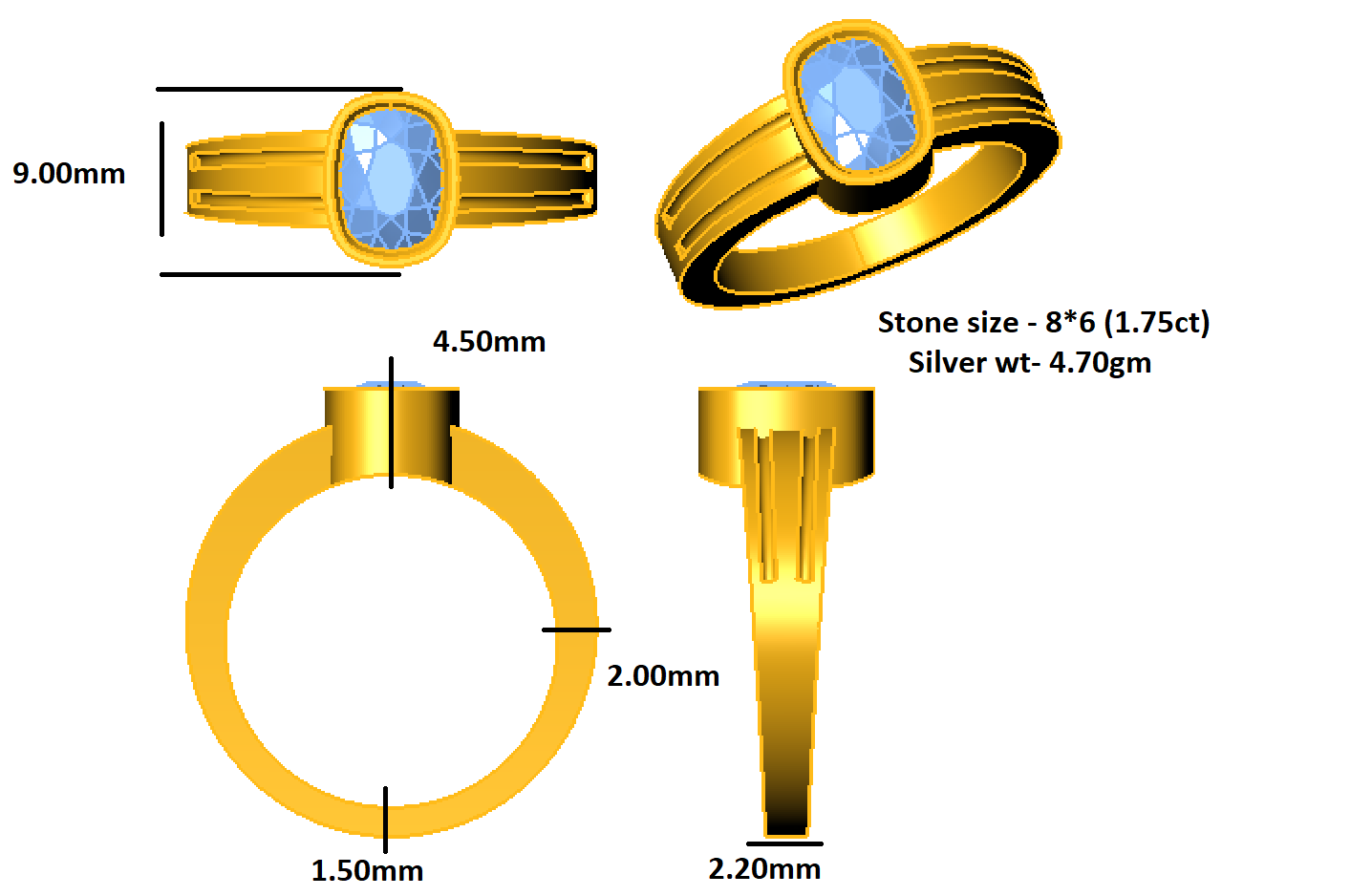 RKC Herren-Solitär-Ehering mit Moissanit-Kissenschliff, 14 Karat Gelbgold vergoldet, 925er Silber, Gewicht 4,70 g, Breite 2,20 mm