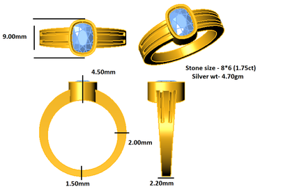 RKC Herren-Solitär-Ehering mit Moissanit-Kissenschliff, 14 Karat Gelbgold vergoldet, 925er Silber, Gewicht 4,70 g, Breite 2,20 mm