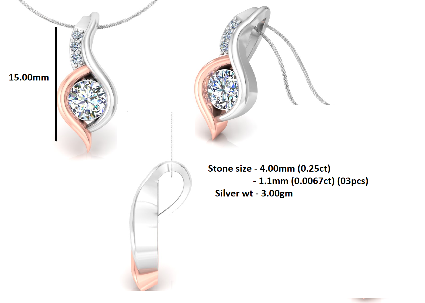 RKC 925 Sterling Silber runder Moissanit-Anhänger mit 0,92 CT, 14 Karat Roségold vergoldet, Gewicht 3,00 g, Höhe 15 mm