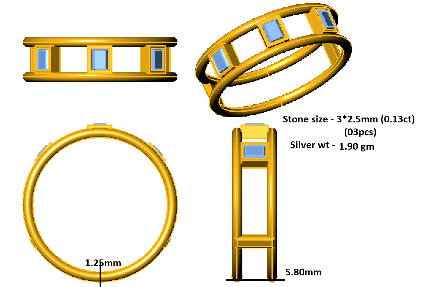 RKC Unisex-Ehering aus Moissanit im Baguetteschliff, 925er Silber, 14 Karat Gelbgold vergoldet, Gewicht 1,90 g, Breite 5,80 mm