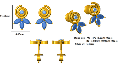 RKC Damen-Ohrring „Blume“ aus 925er-Sterlingsilber, 14 Karat Gelbgold mit einem Gesamtgewicht von 1,40 g, Höhe 11,40 mm