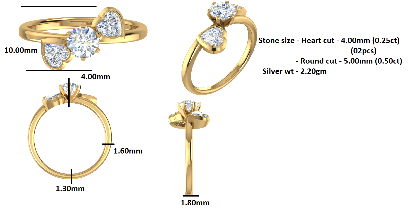 Anello di fidanzamento rotondo con tre pietre RKC in argento 925 placcato in oro giallo 14 carati per donna Peso 2,20 g