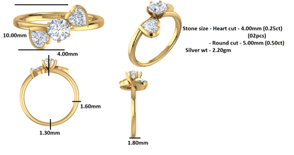 Anello di fidanzamento rotondo con tre pietre RKC in argento 925 placcato in oro giallo 14 carati per donna Peso 2,20 g