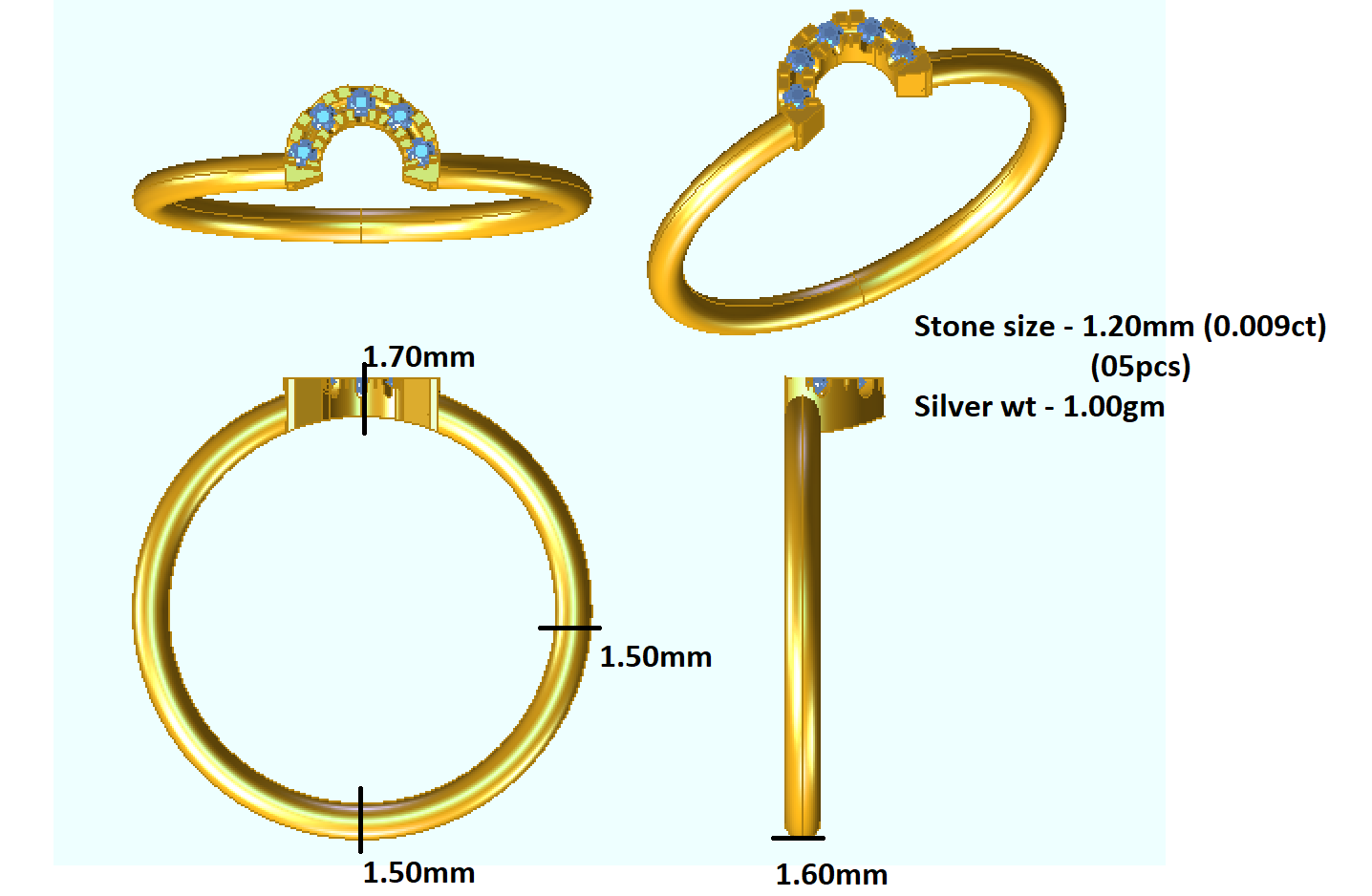 RKC Moissanit-Verlobungsring, 925er Silber, 14-karätiges Gelbgold vergoldet, für Damen, Gewicht 1 g und Breite 1,60 mm