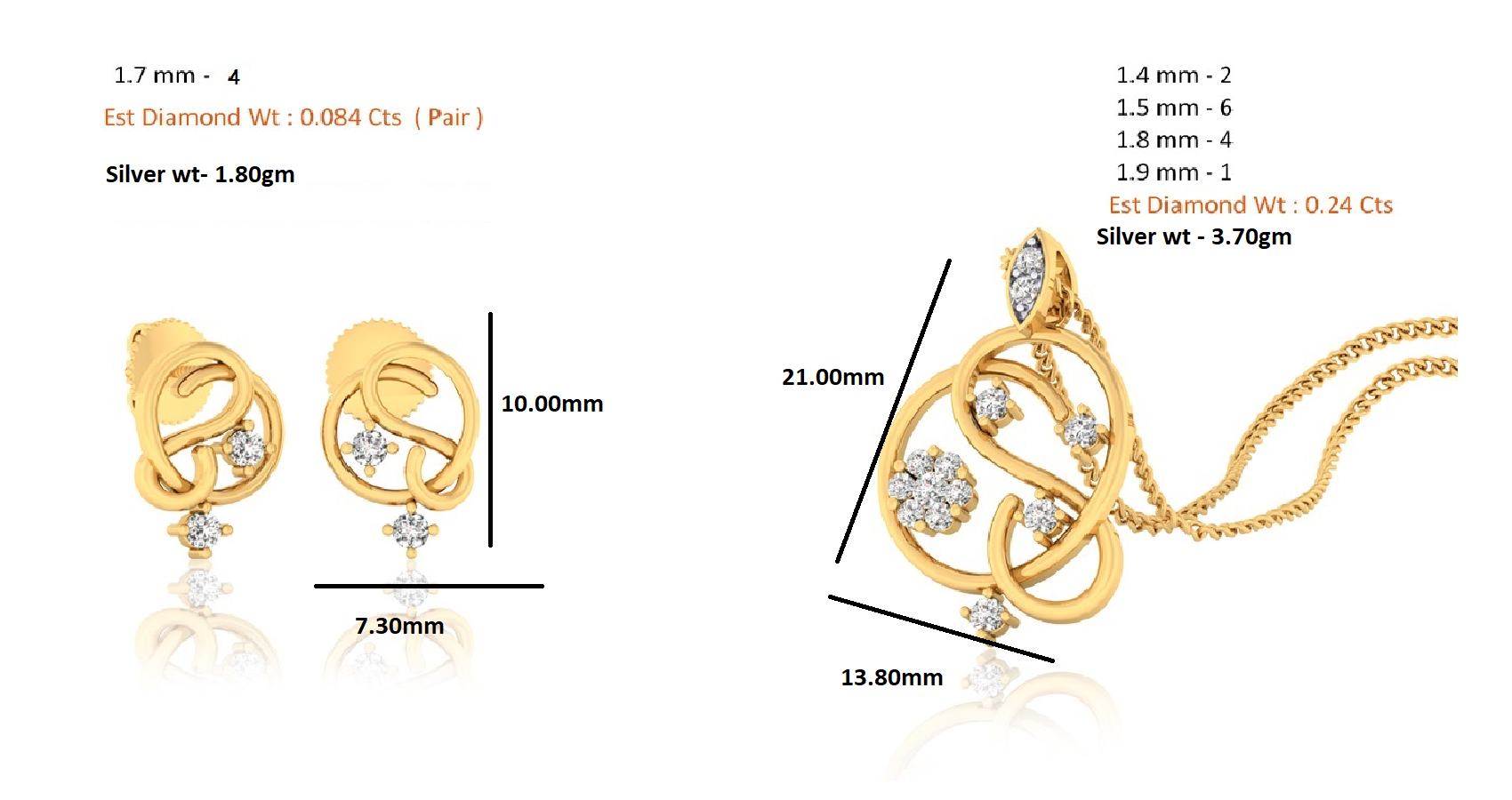 RKC 925 Silber Golden Gesamtgewicht 0,32 ct Moissanit Anhänger Gewicht 3,70 gm und Gewicht Ohrring 1,80 gm Set mit 14K Gelbgold plattiert
