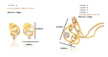 RKC 925 Silber Golden Gesamtgewicht 0,32 ct Moissanit Anhänger Gewicht 3,70 gm und Gewicht Ohrring 1,80 gm Set mit 14K Gelbgold plattiert