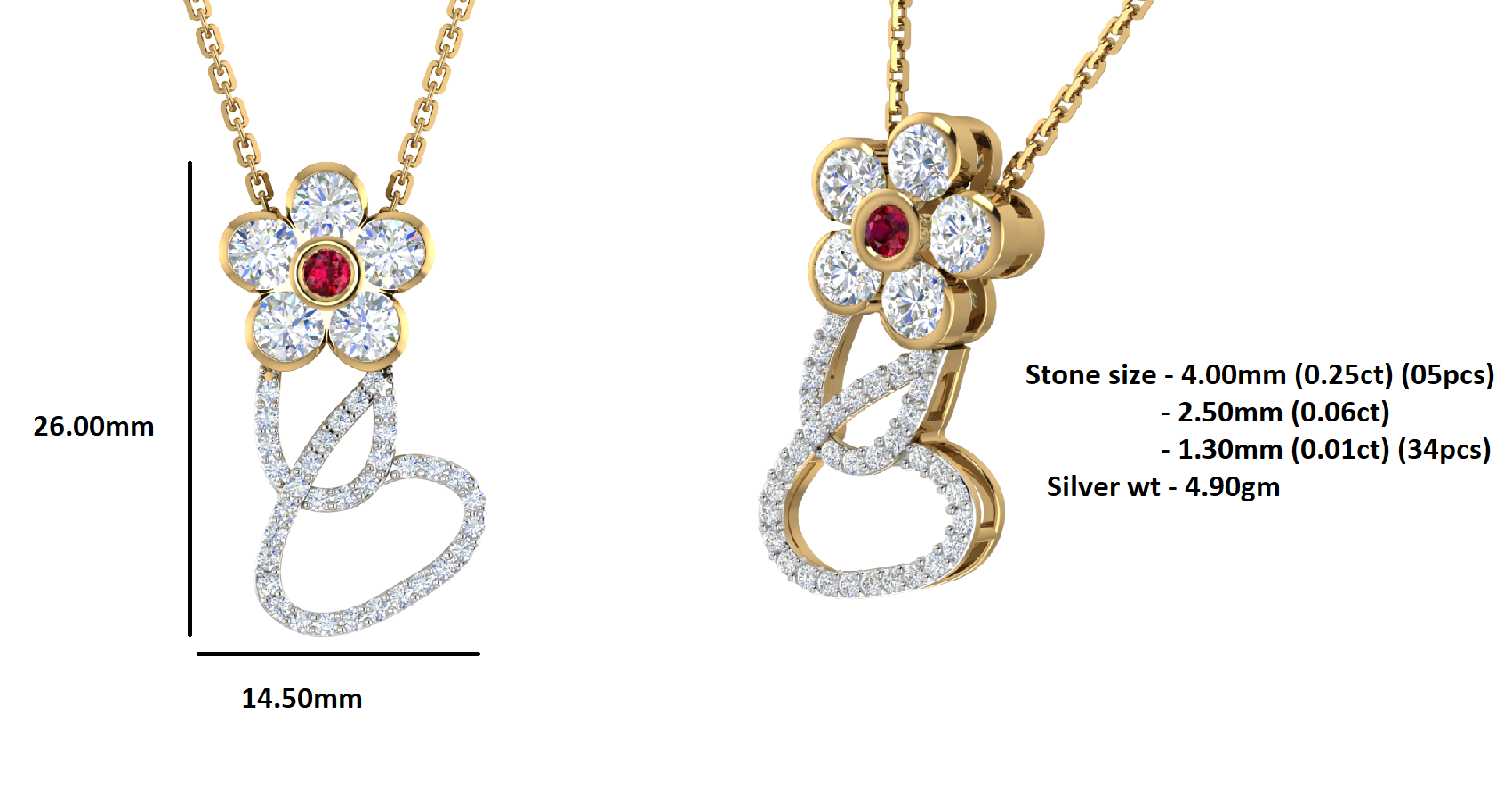 RKC 1,65 Karat Moissanit-Blumenanhänger, 925er Silberschmuck, 14 Karat Roségold vergoldet, Gewicht 4,90 g, Höhe 26,00 mm