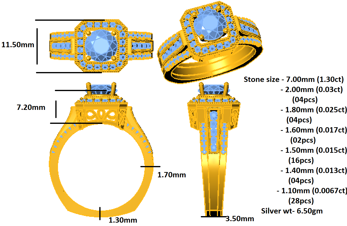 RKC Runder Moissanit-Verlobungs-Halo-Ring für Damen, 925er Silber, 14 Karat Gelbgold vergoldet, Gewicht 6,50 g, Breite 3,50 mm