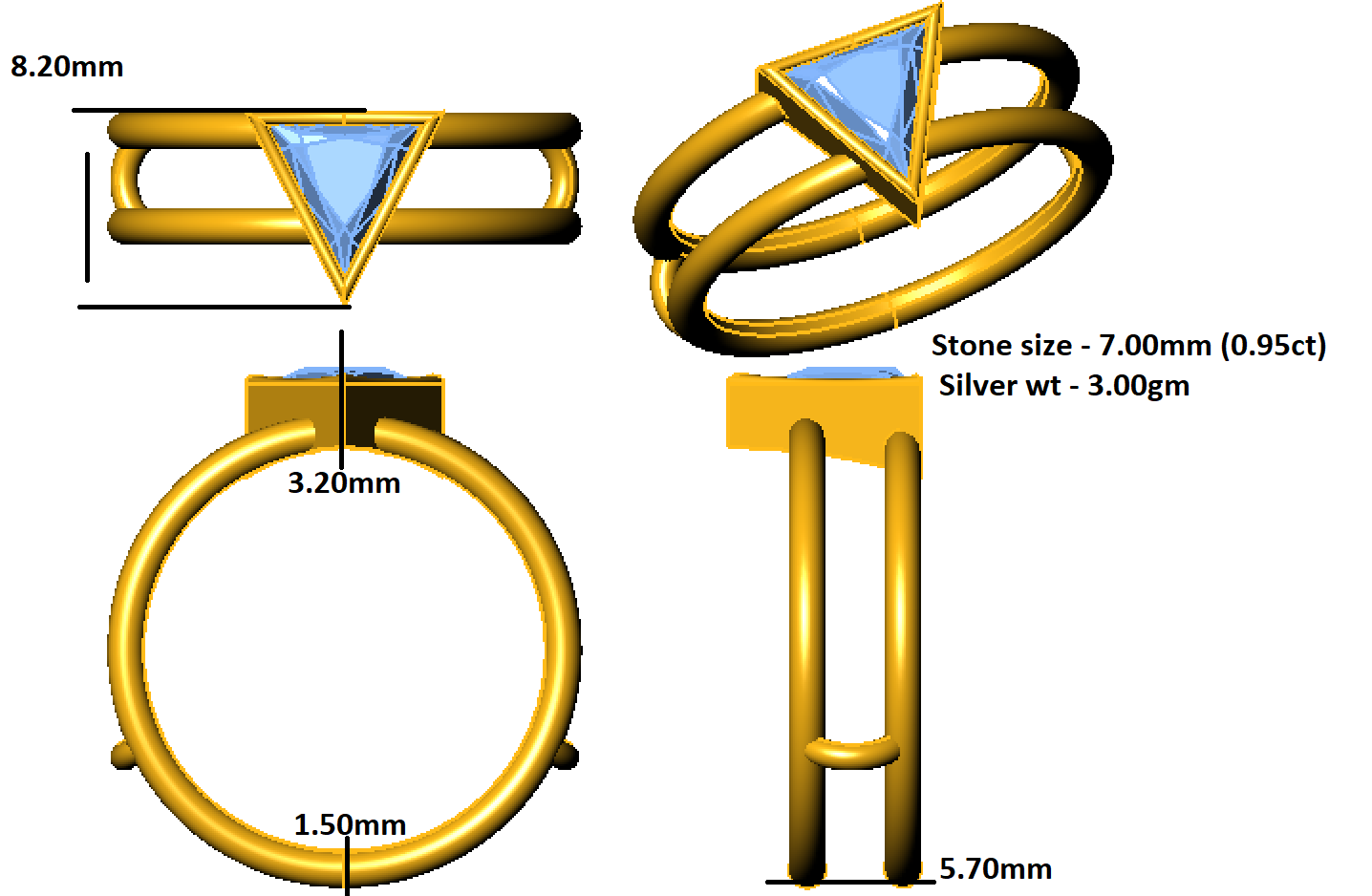 RKC Damen-Ehering mit Trillion-Schliff, Moissanit, 925er Sterlingsilber, 14 Karat Gelbgold vergoldet, Gewicht 3 g, Breite 5,70 mm