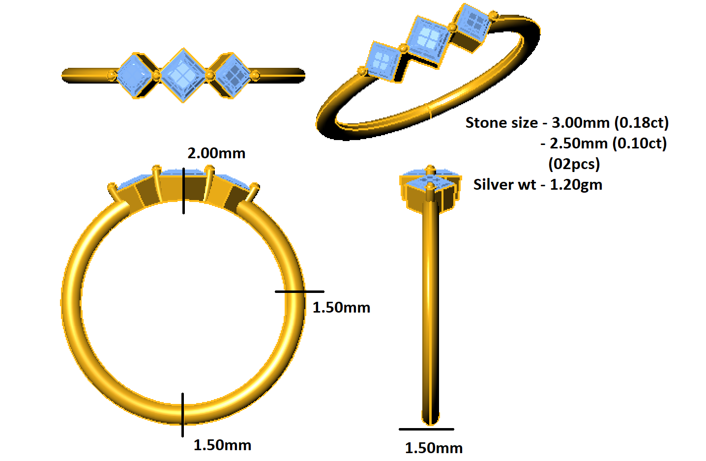 RKC Moissanit Drei-Stein-Prinzessin-Ring, 14 Karat Gelbgold vergoldet, 925er Silber, Gewicht 1,20 g, Breite 1,50 mm