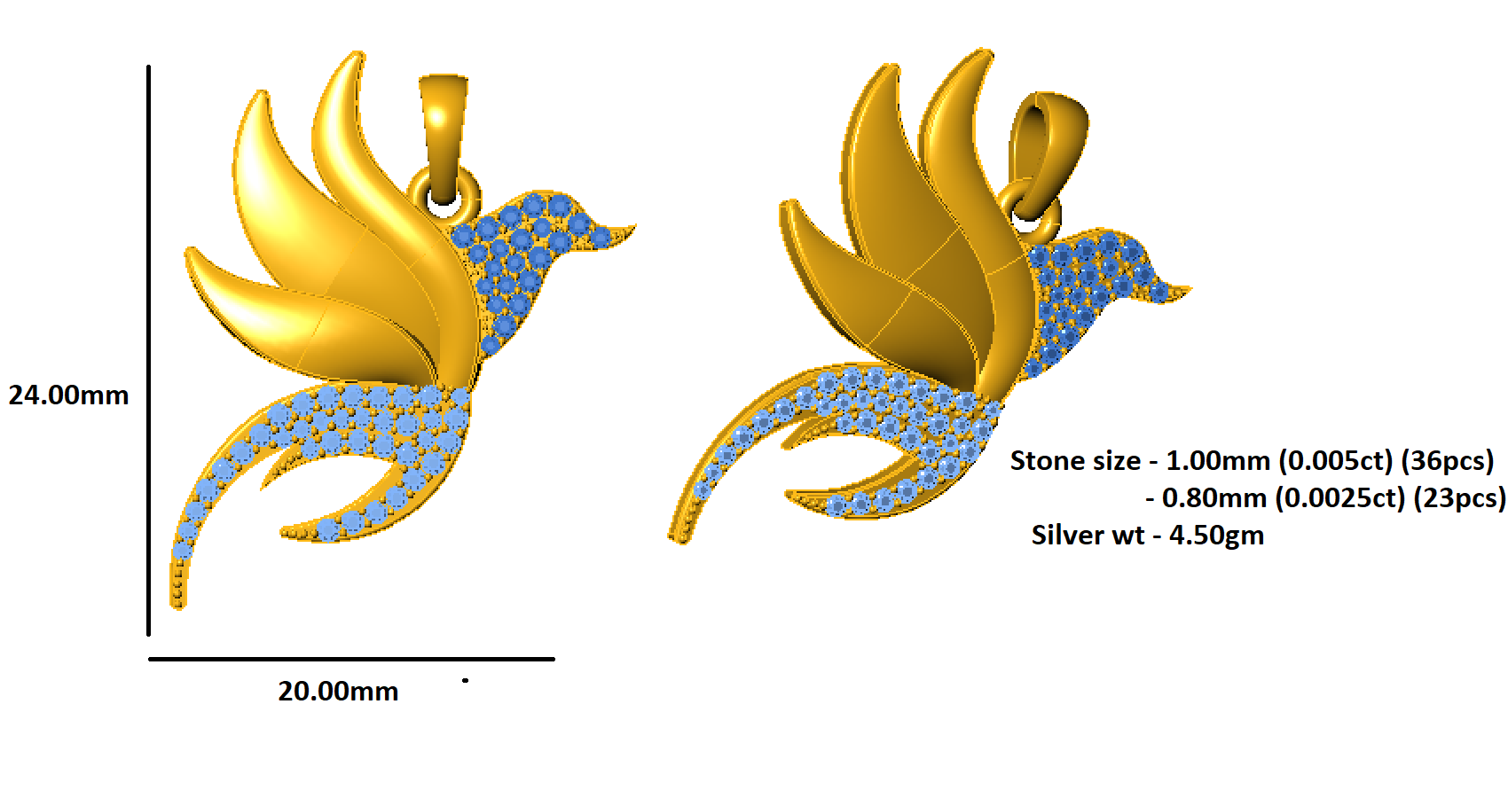 RKC 0,23 Karat Moissanit-Flügel-Charm-Anhänger, 925er Silberschmuck, 14 Karat Gelbgold vergoldet, Gewicht 4,50 g, Höhe 24 mm