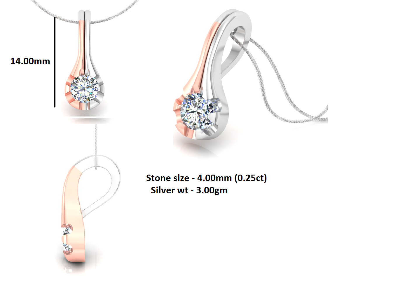 Ciondolo in moissanite con goccia d'argento da matrimonio solitario RKC da 0,25 CT, placcato in oro rosa 14 carati, peso 3,00 g, altezza 14,00 mm