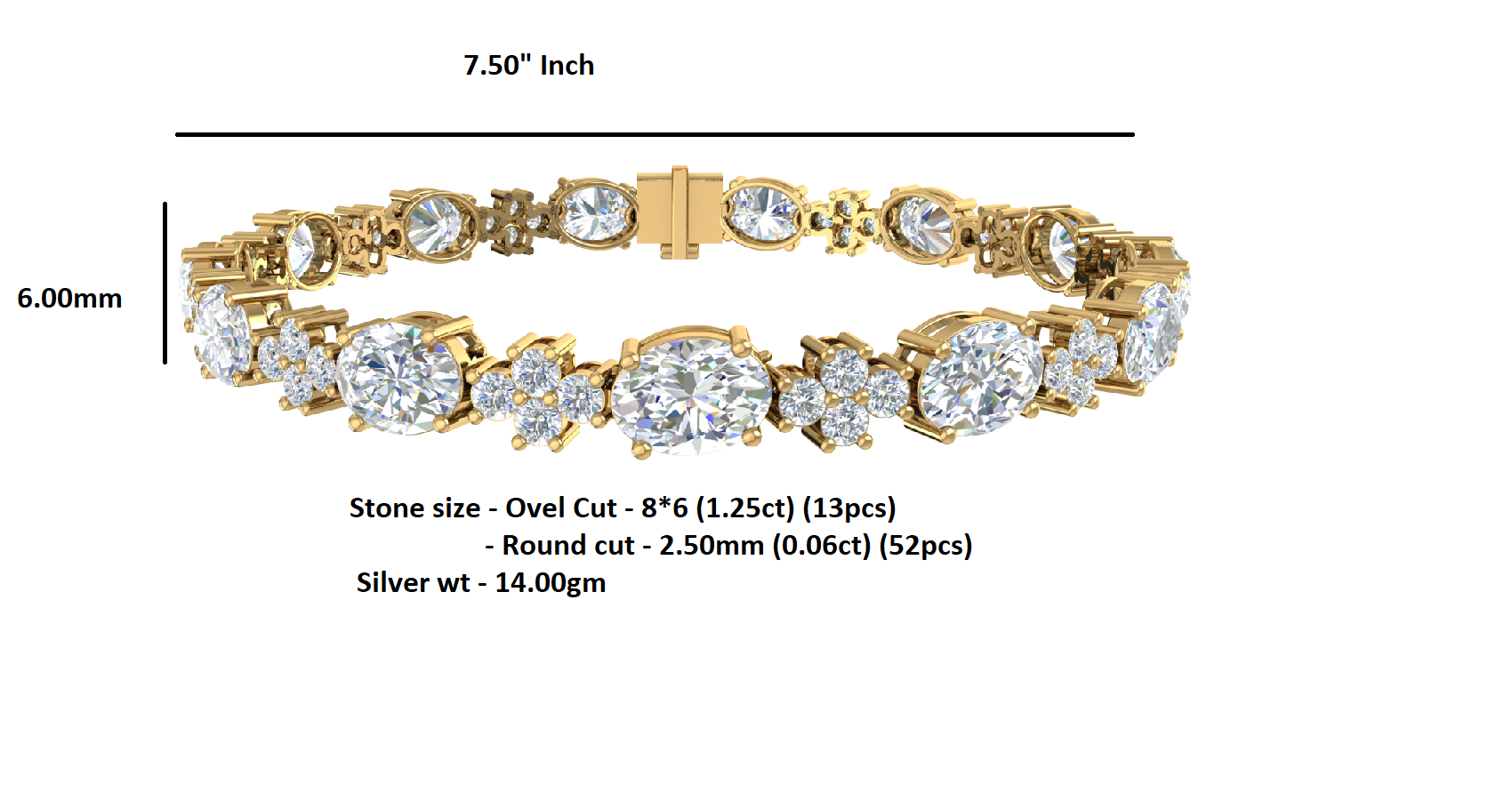 RKC 925 Sterling Silwer 19.37 CT Moissanite vir Vroue-armband 14K Geelvergulde Gewig 14.00 GM