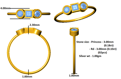 RKC Princess-Moissanit-Ehering mit drei Steinen, 925er-Sterlingsilber, rosévergoldet, Gewicht 1 g, Breite 1 mm