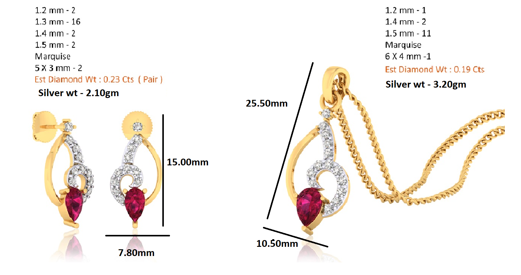 RKC 925 Silber Golden Gesamtgewicht 0,42 ct Moissanit Anhänger Gewicht 3,20 gm und Gewicht Ohrring 2,10 gm Set mit 14K Roségold plattiert