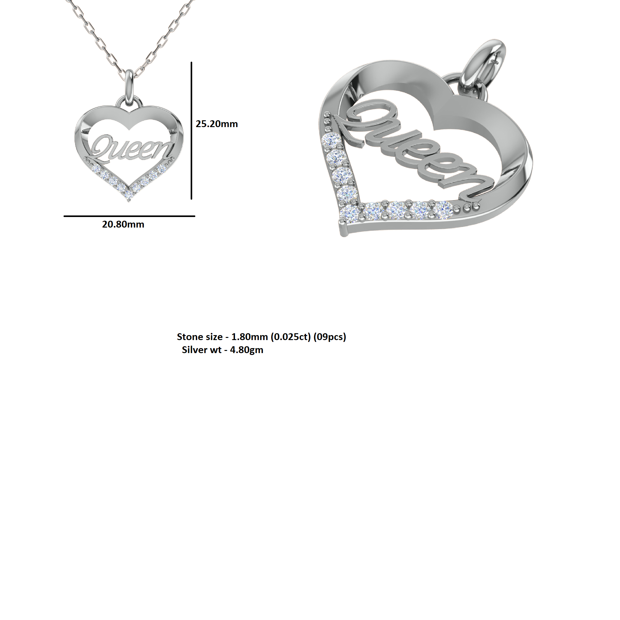 Ciondolo a forma di cuore in moissanite da 0,22 ct, gioielli in argento 925, placcato in oro rosa 14 carati, peso 4,80 g, altezza 25,20 mm
