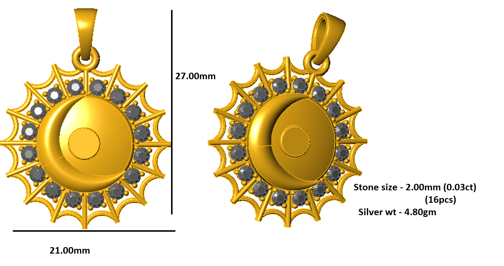 Ciondolo luna Moissanite RKC da 0,48 ct, gioielli in argento 925, placcato oro giallo 14 carati, 4,80 g, altezza 27 mm