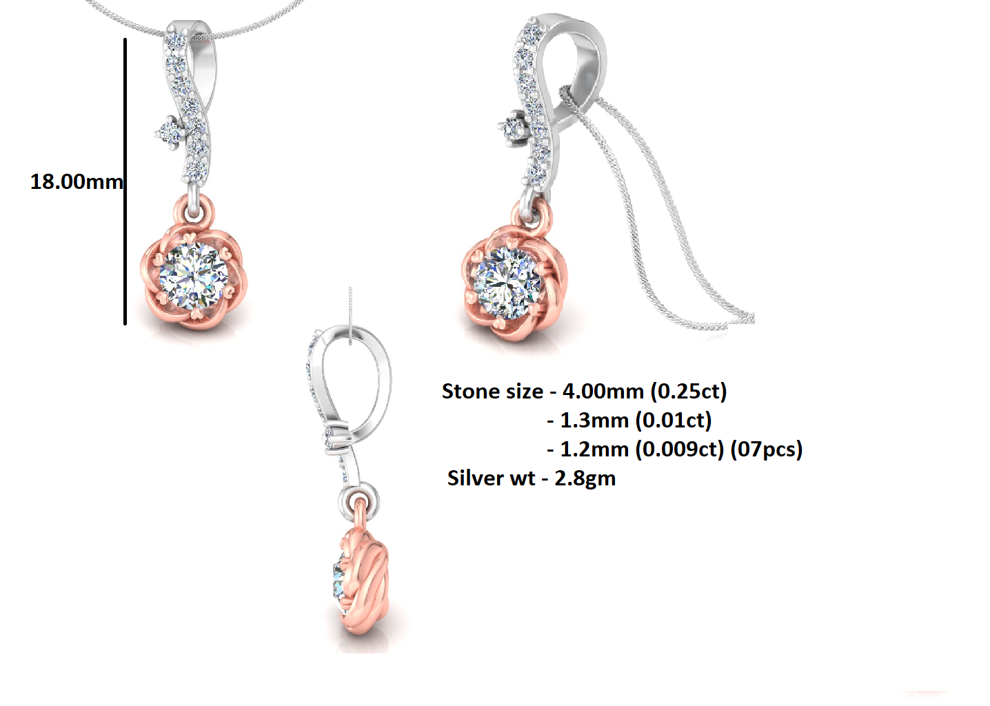 RKC 925 Sterling Silber Blumentropfen 0,35 Karat Moissanit-Anhänger, 14 Karat zweifarbig vergoldet, Gewicht 2,8 g, Höhe 18 mm