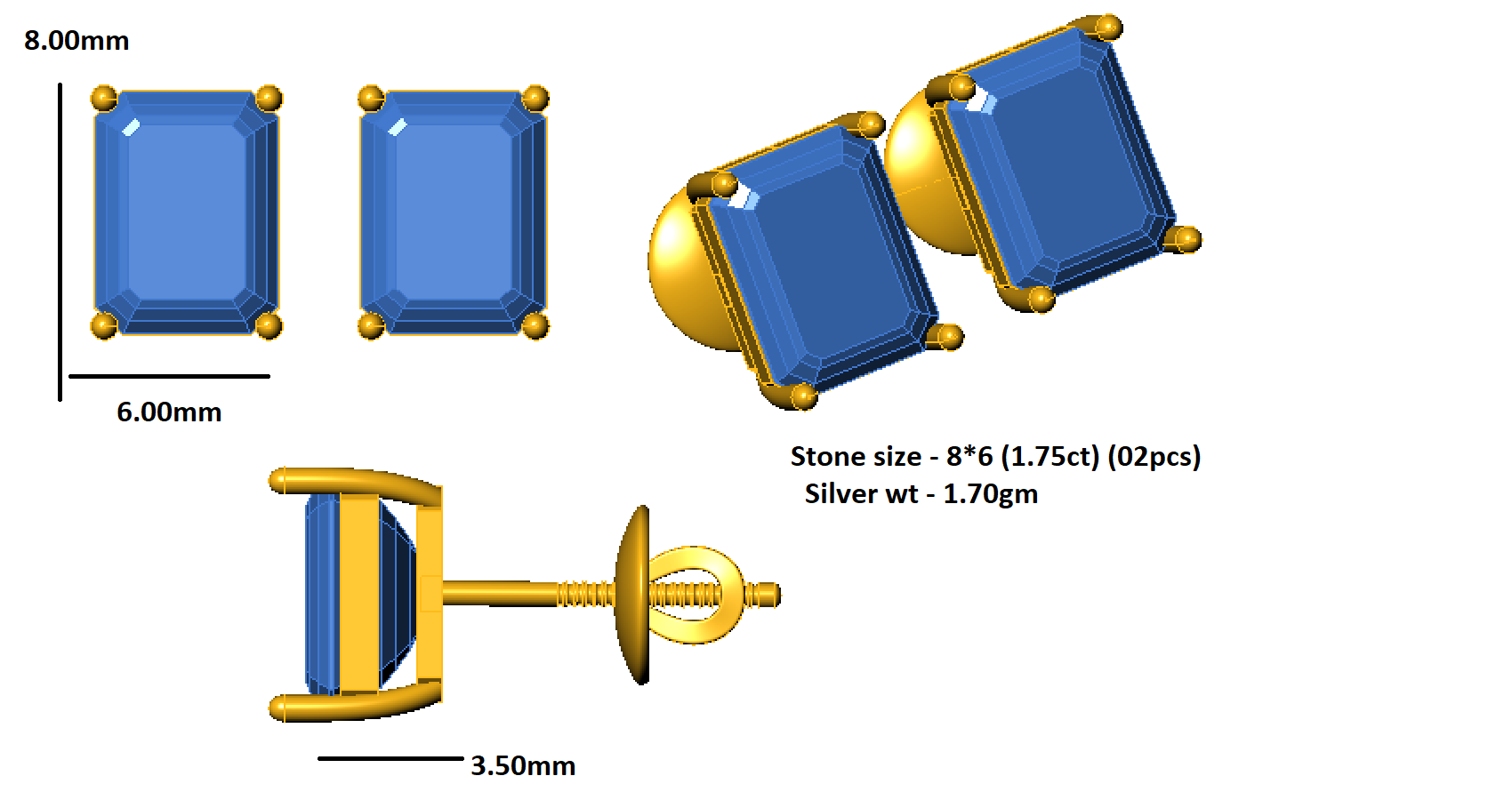 RKC 925 Sterling Silver Solitaire Stud Push Back Orecchino da donna 14k Giallo sopra il prodotto Peso 1,70 GM Altezza 8,00 MM