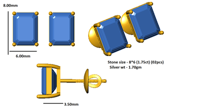 RKC 925 Sterling Silver Solitaire Stud Push Back Orecchino da donna 14k Giallo sopra il prodotto Peso 1,70 GM Altezza 8,00 MM