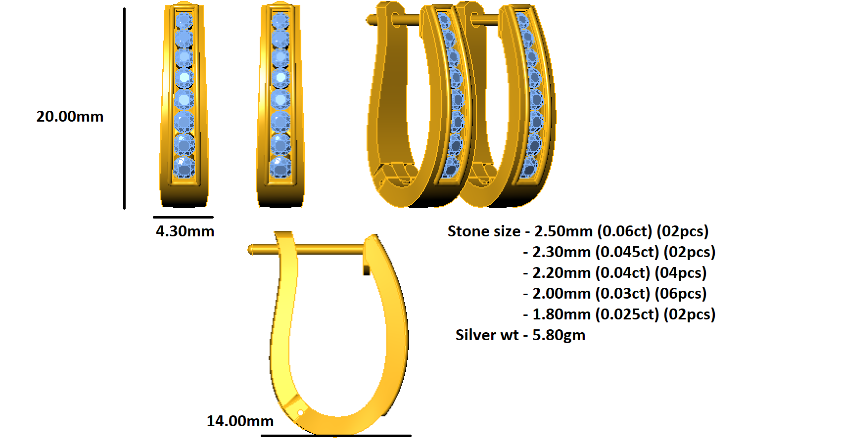 Orecchino da donna da indossare ogni giorno in argento sterling RKC 925 con rosa 14k sopra il prodotto Peso 5,80 GM Altezza 20,00 MM